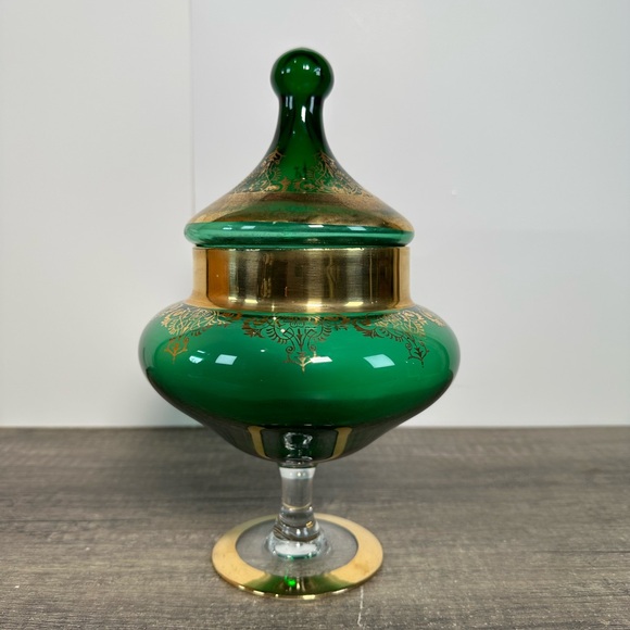Vintage Green & Gold Gilded Pedestal Glass Candy Dish with Lid - Picture 5 of 13